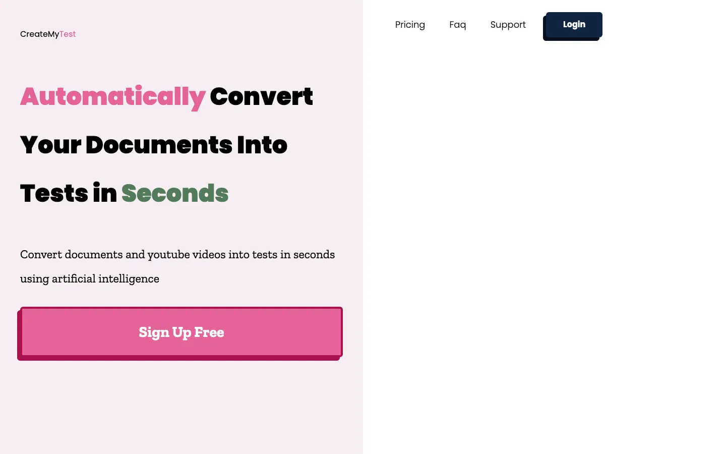 Screenshot of the Create my test homepage