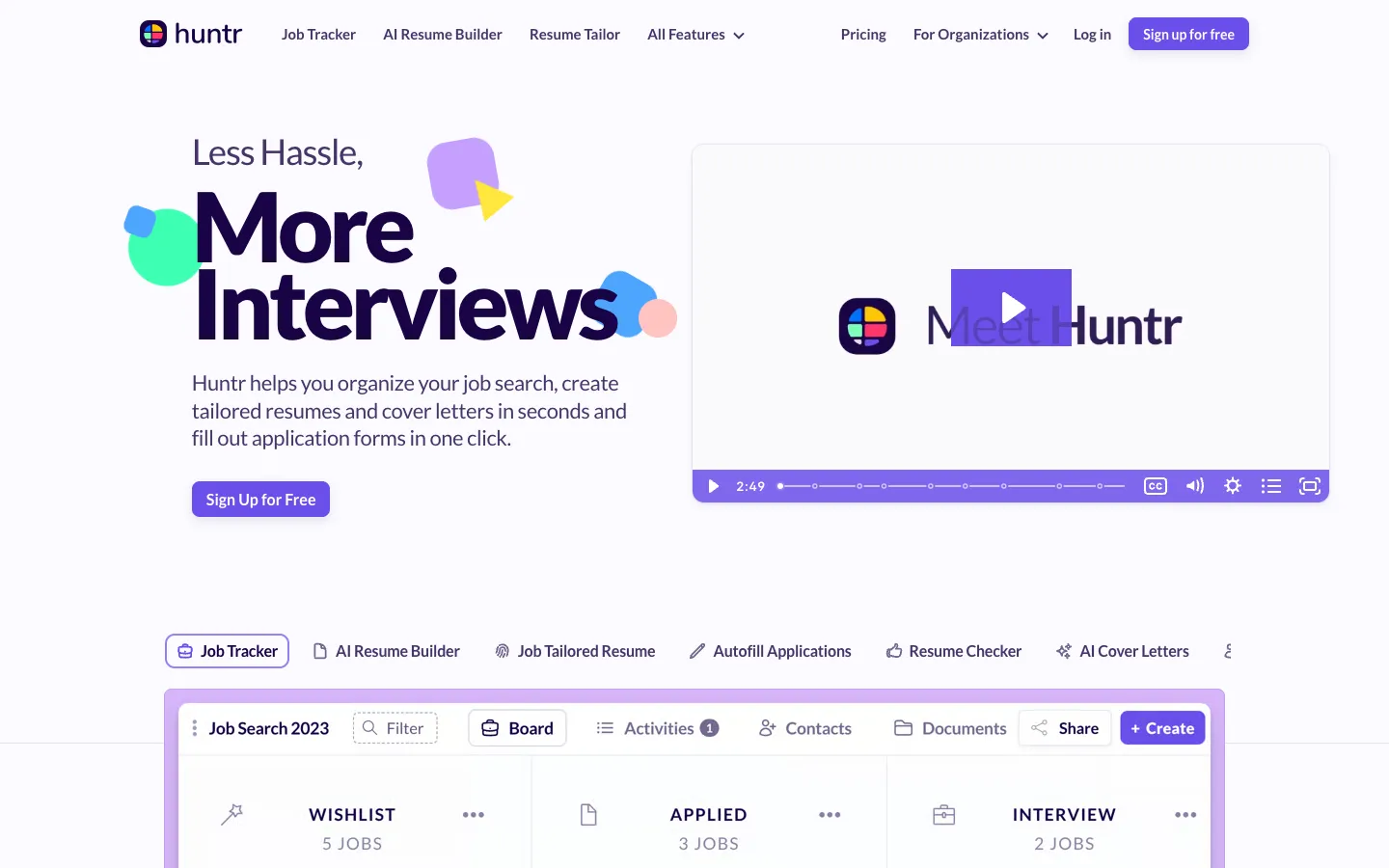Screenshot of the Huntr AI homepage