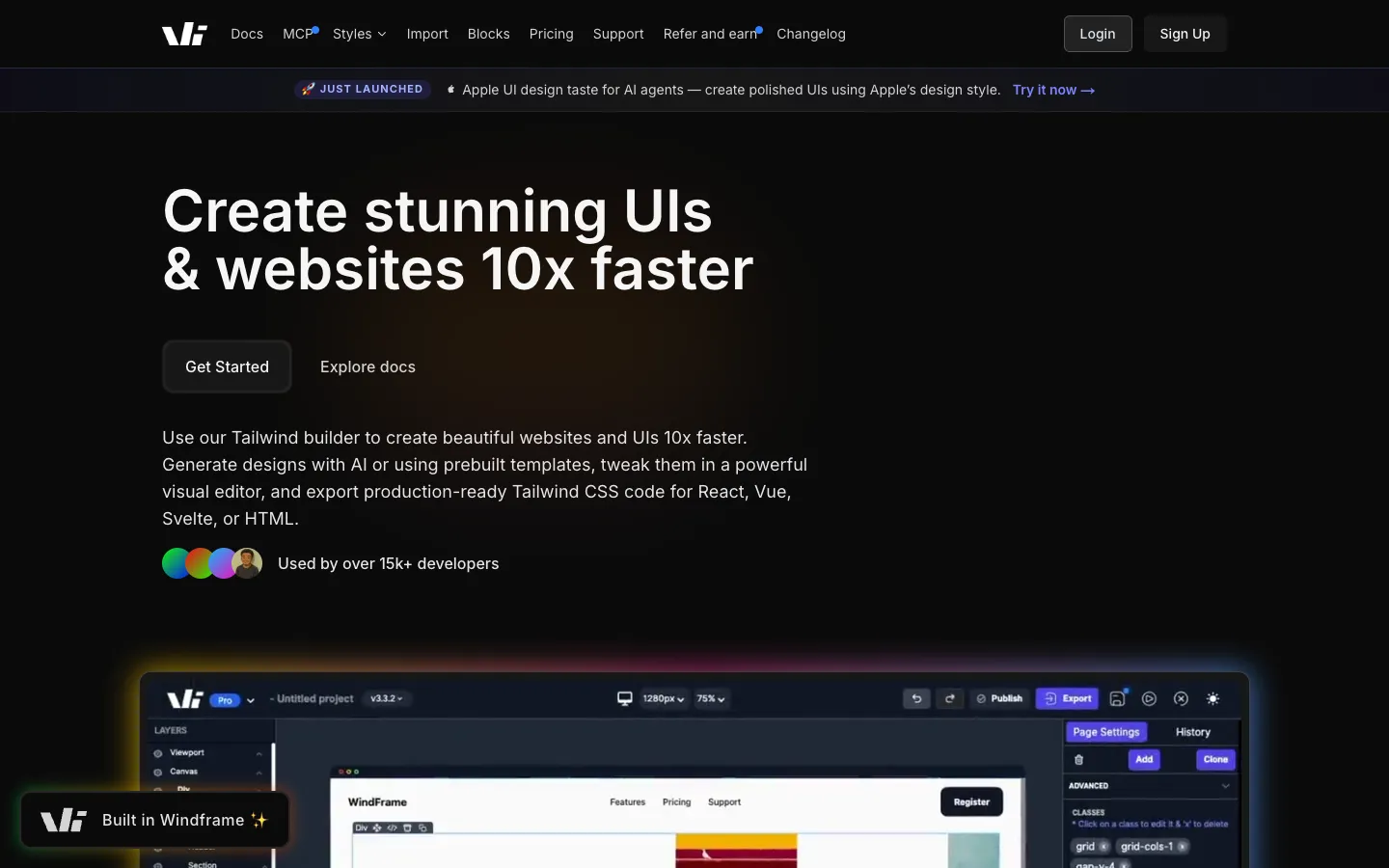 Screenshot of the Windframe homepage