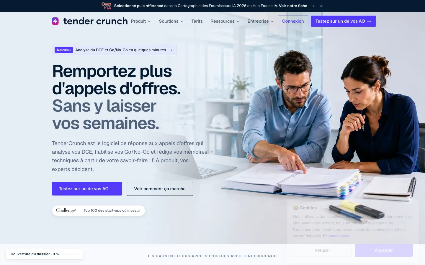 Screenshot of the TenderCrunch homepage